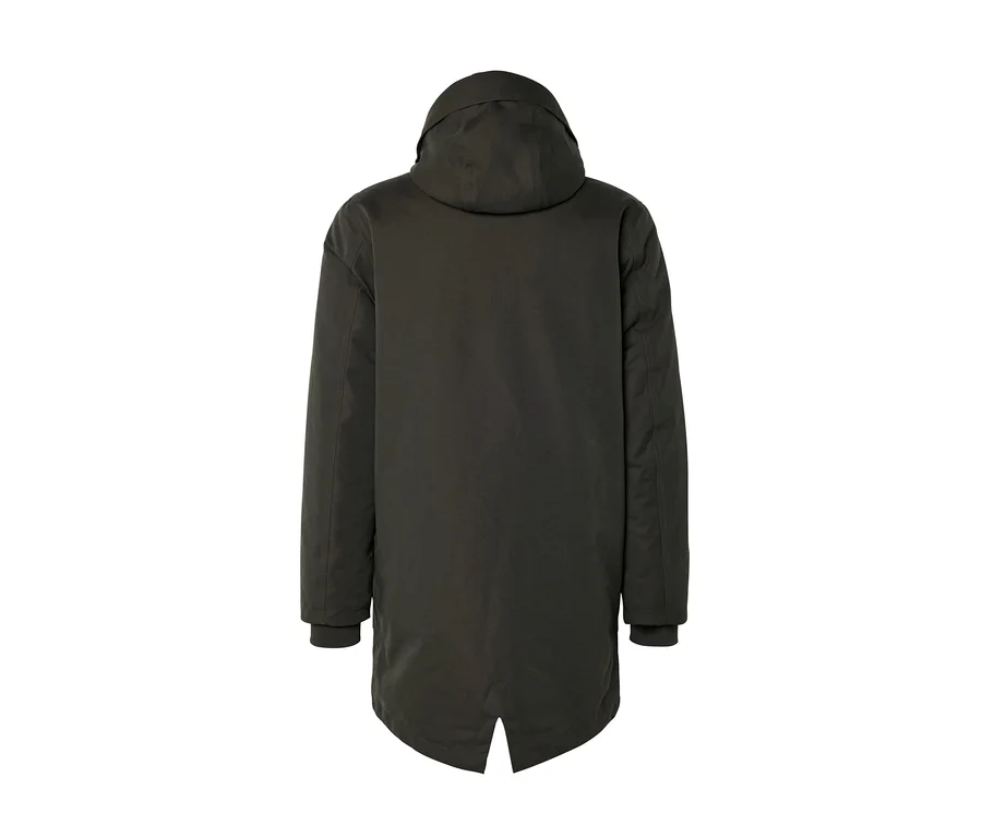 Dunkelgrüner Parka von hinten gesehen, mit Kapuze, langen Ärmeln mit Rippbündchen und einem geschlitzten Saum unten.