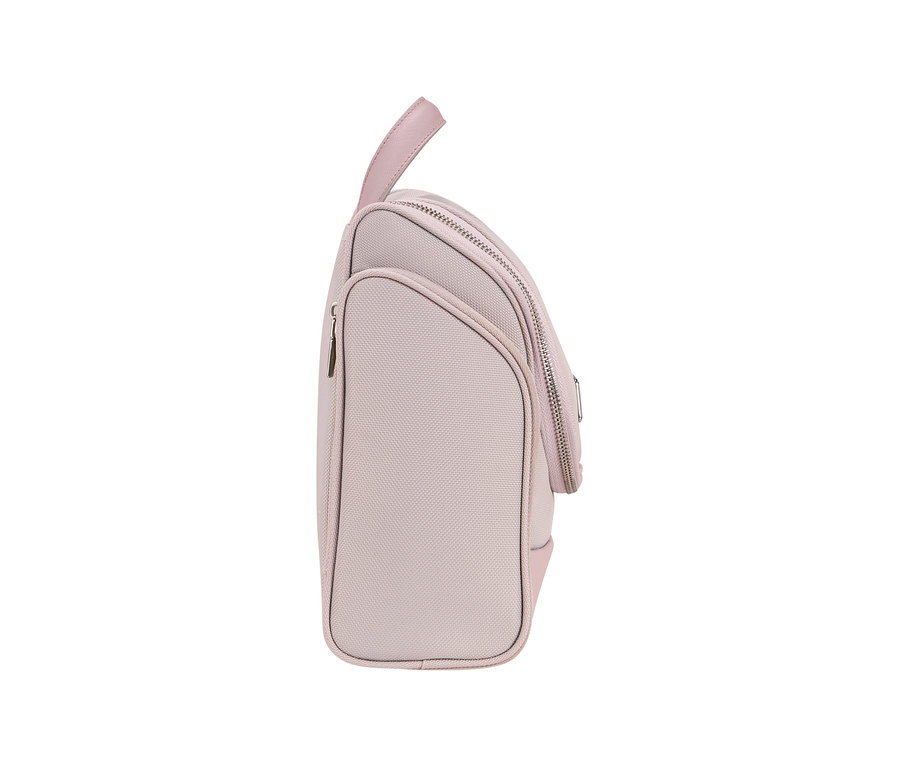 Rosafarbenes Samsonite IMAGE Toilet Kit Hanging, von der Seite gezeigt, mit Griff und Reißverschlussfächern.