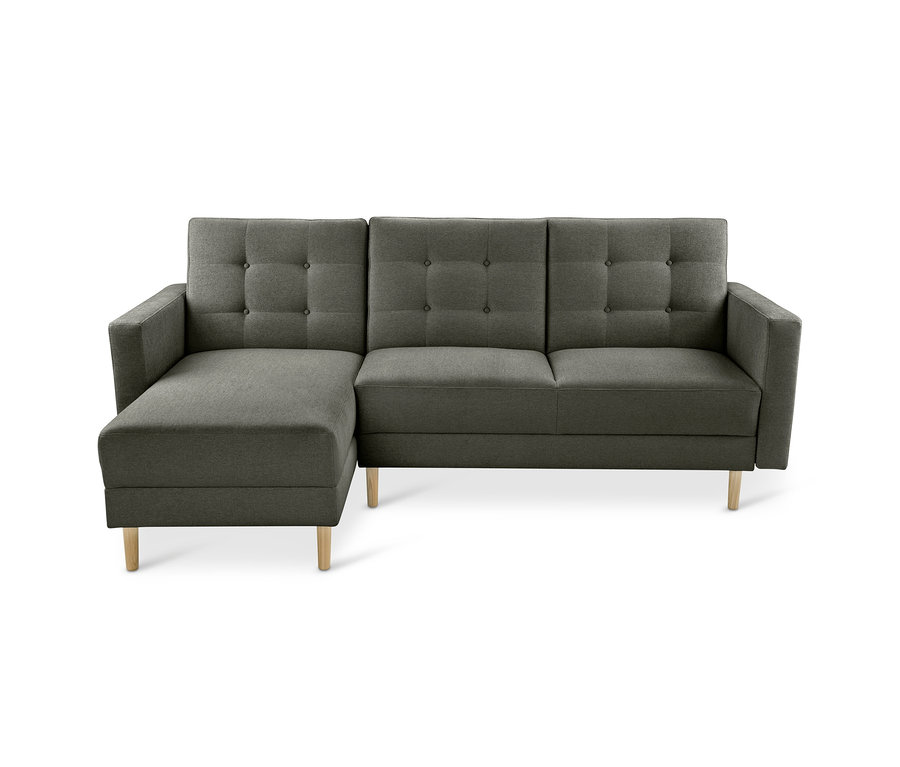 Dunkelgraues Federkern-Eckschlafsofa »Just Relax« mit linker Recamiere, getufteter Rückenlehne und hellen Holzfüßen.