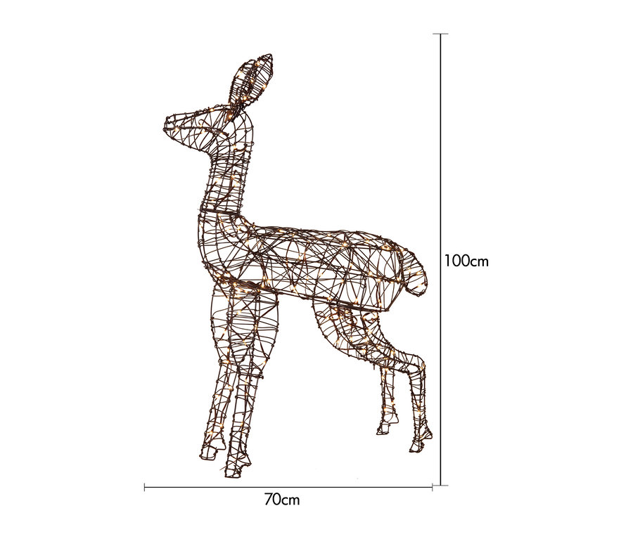 Großes LED-Rentier aus Drahtgeflecht mit warmweißen Lichtern, 100 cm hoch und 70 cm breit.