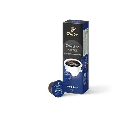 Eine Packung Cafissimo Kaffee kräftig und eine Kapsel liegen vor weißem Hintergrund.