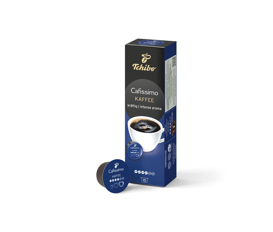 Eine Packung Cafissimo Kaffee kräftig und eine Kapsel liegen vor weißem Hintergrund.