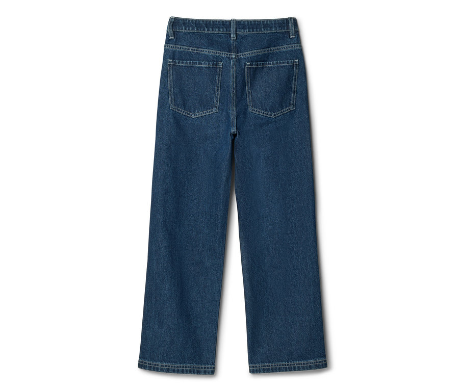 Dunkelblaue Jeans mit weitem Bein, von hinten gezeigt, mit zwei Gesäßtaschen und einem sichtbaren Bund.