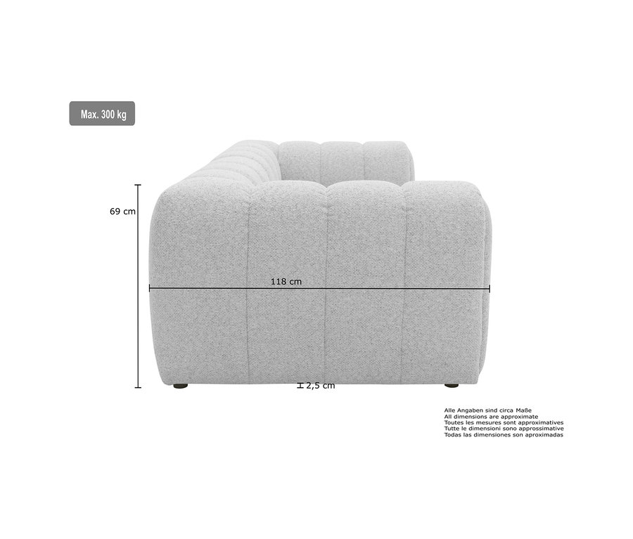 Graues DOMO Bigsofa »Aalborg« von der Seite, mit Maßen: 69 cm hoch, 118 cm lang, 2,5 cm Beinhöhe und max. 300 kg Belastbarkeit.