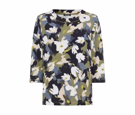 Langärmliges Oberteil mit abstraktem Blumenmuster in Weiß, Schwarz, Grün und Beige.