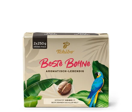 Eine Packung von Tchibo Beste Bohne - 2x 250 g Gemahlen Kaffee mit einer Abbildung einer Kaffeebohne und eines Papageis.