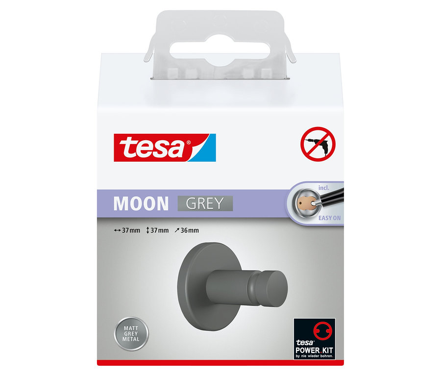 Mattgrauer tesa® MOON Handtuchhaken aus Metall in weißer Verpackung, mit Easy On und tesa POWER.KIT Logos.