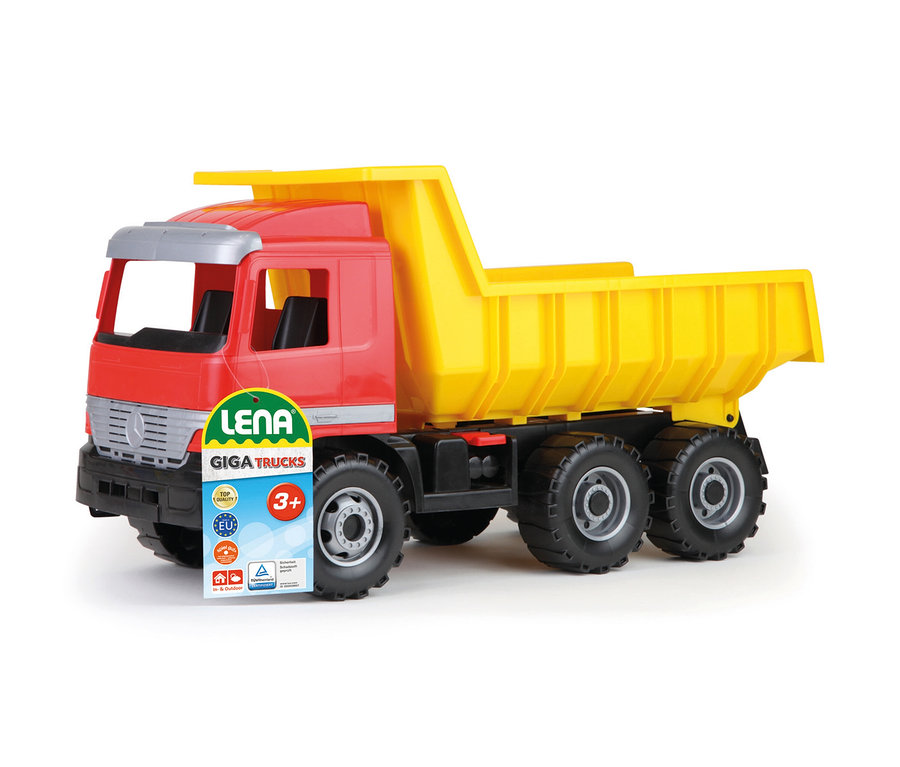 Roter und gelber LENA GIGA TRUCKS Spielzeug-Kipplaster mit Altersangabe 3+.