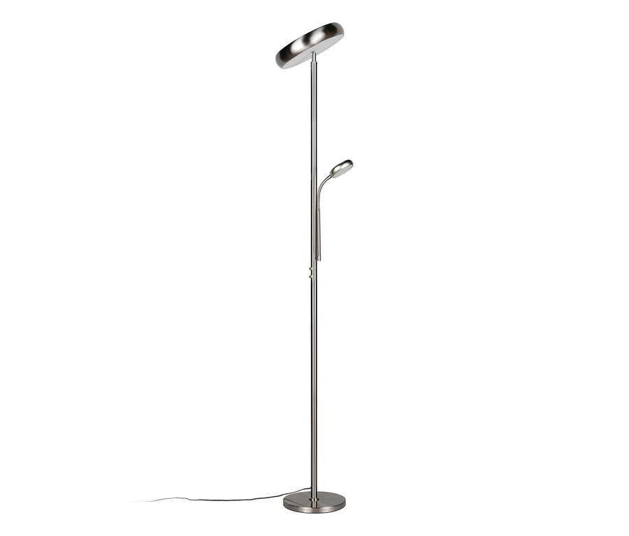 Silberne Reality LED-Stehleuchte »Palermo« mit rundem Fuß, einem Deckenfluter und einer flexiblen Leselampe.