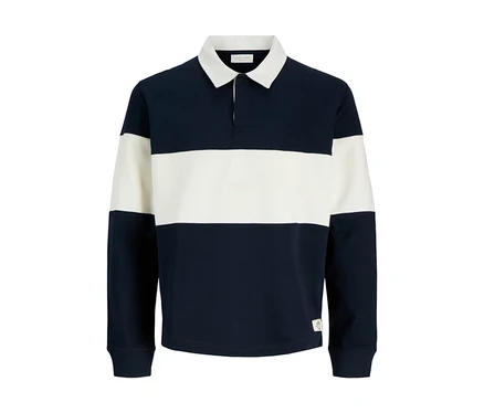 Jack&Jones Polo Sweater, langärmelig, mit marineblauen und cremefarbenen Querstreifen, weißem Kragen und Knopfleiste.