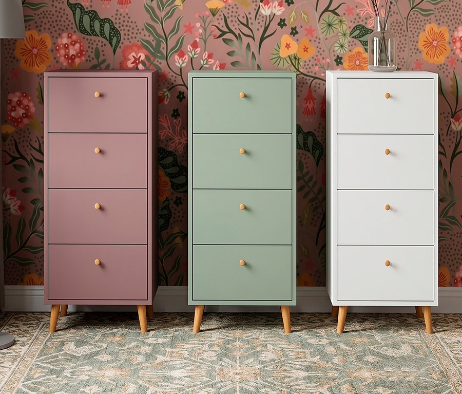Drei Kommoden stehen vor einer floralen Tapete. Links eine rosa Kommode, mittig eine mintgrüne Kommode und rechts eine matte, weiße Kommode »Bjarne« mit 4 Schubladen, auf der eine Vase steht. Alle Kommoden haben vier Schubladen mit runden Holzknöpfen und stehen auf Holzbeinen.