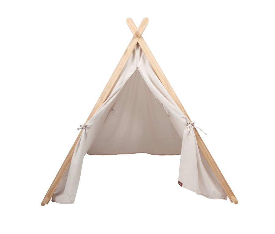 Naturfarbenes small foot Spielzelt mit Holzgestell und offener Vorderseite.