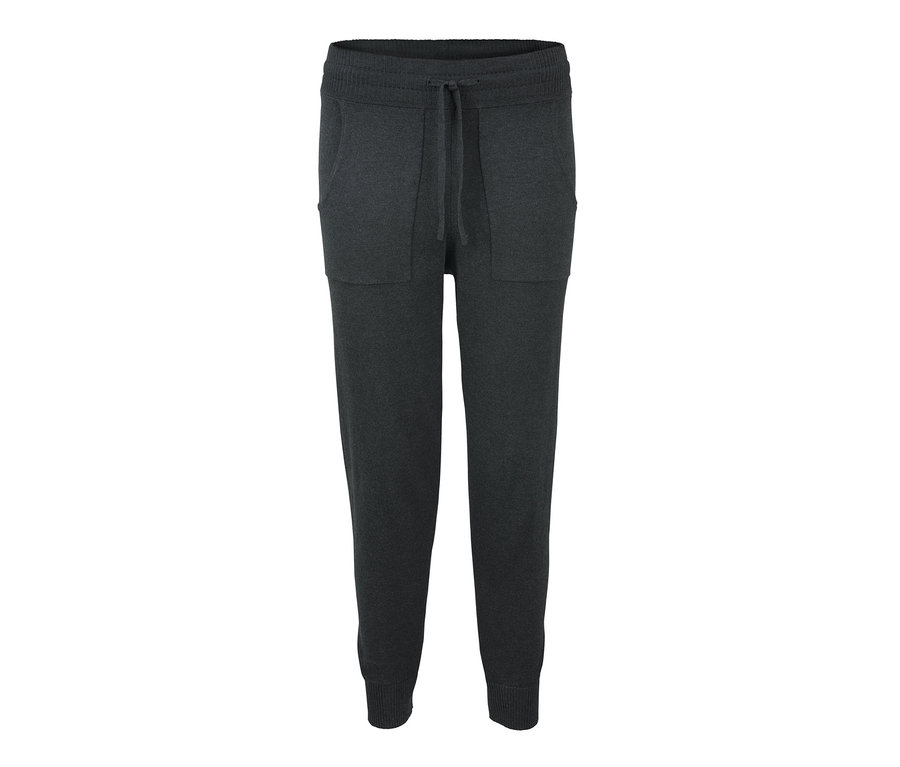 Graue Feinstrickhose mit Taschen und Kordelzug.