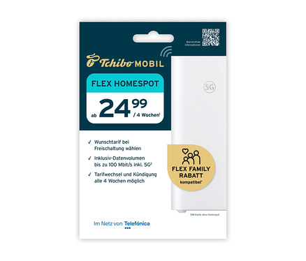SIM-Karte für Flex Homespot-Tarif neben Tarifinformationen und 5G Homespot abgebildet.