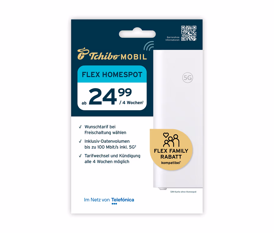 SIM-Karte für Flex Homespot-Tarif neben Tarifinformationen und 5G Homespot abgebildet.