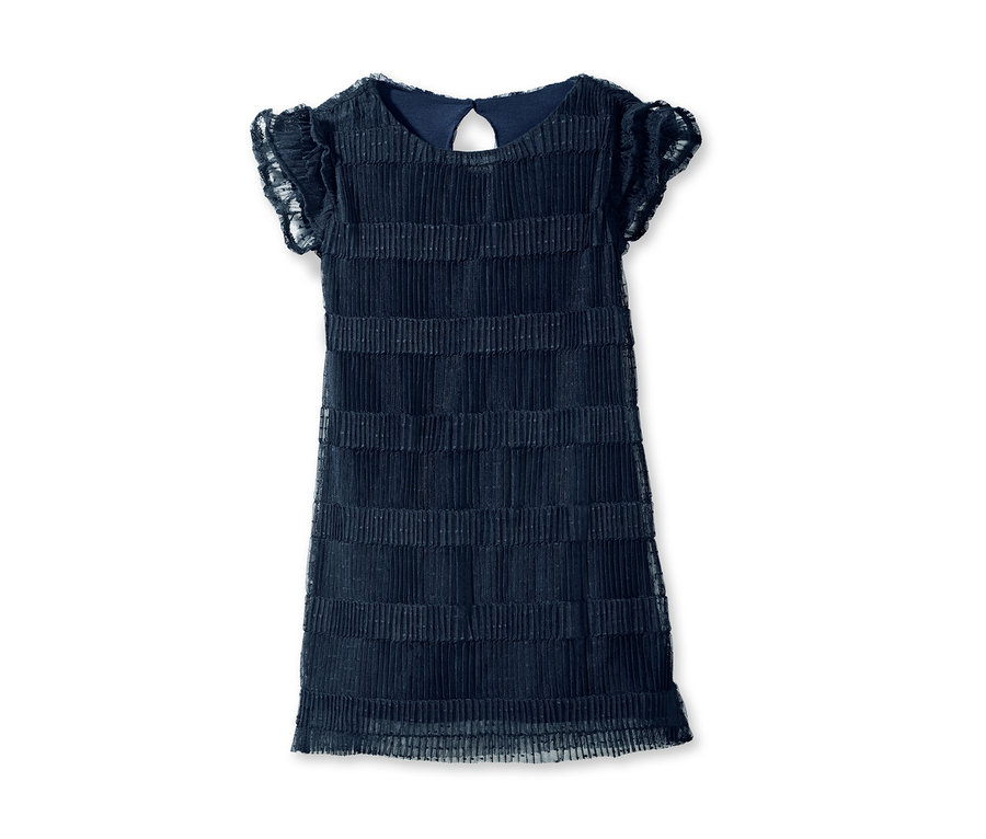 Blaues Tüllkleid mit kurzen Ärmeln.