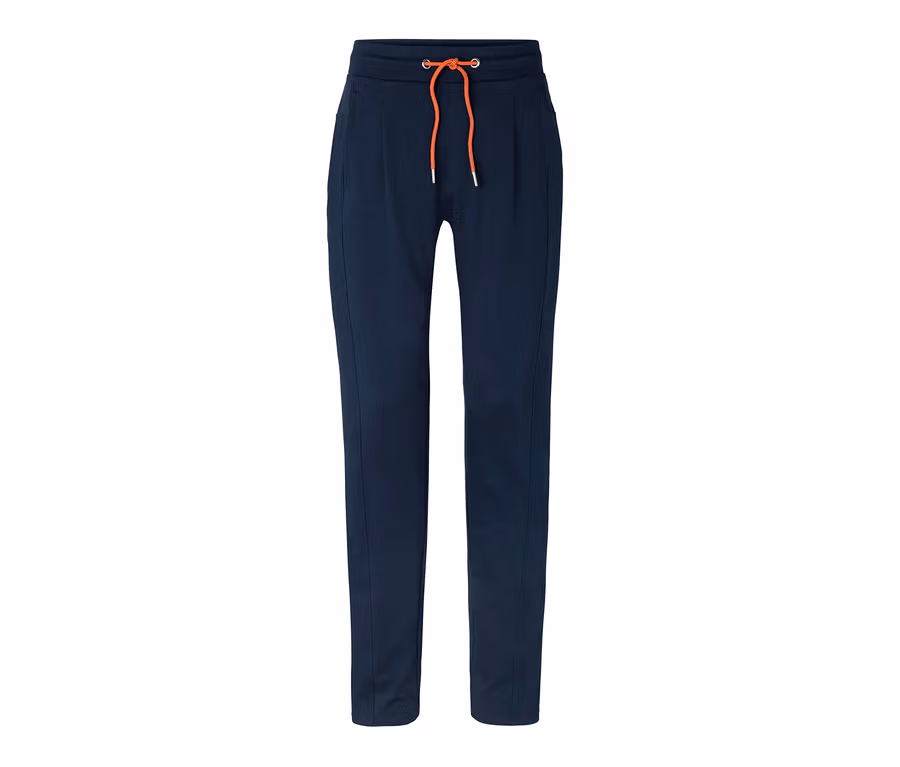 Blaue Joggpants mit orangefarbener Kordel.