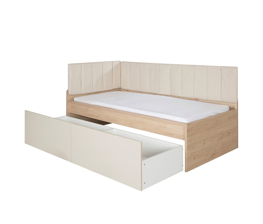 Das Roba Jugendbett »Louisa«, 90 x 200 cm, hat einen hellen Holzrahmen, ein beiges, gepolstertes Kopfteil und eine Schublade.