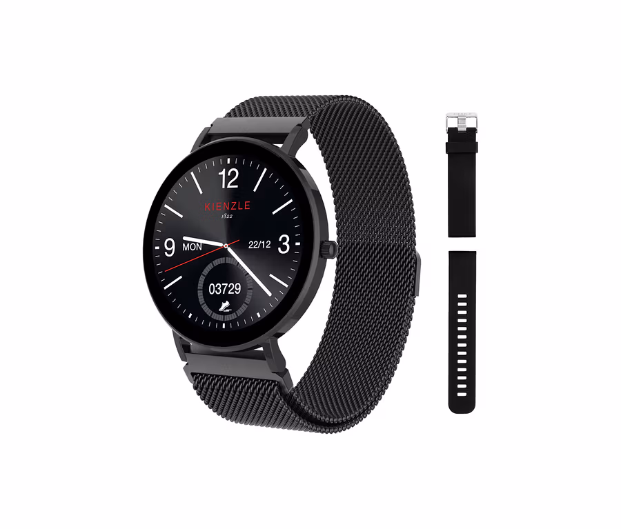 Eine schwarze Smartwatch mit schwarzem Armband und zwei zusätzlichen Armbändern liegt vor einem weißen Hintergrund.