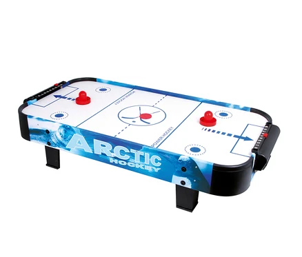 small foot Air-Hockey-Champion mit weißer Spielfläche, blauen Markierungen und Wellenmuster an den Seiten, darauf zwei rote Schläger und schwarze Punktezähler.