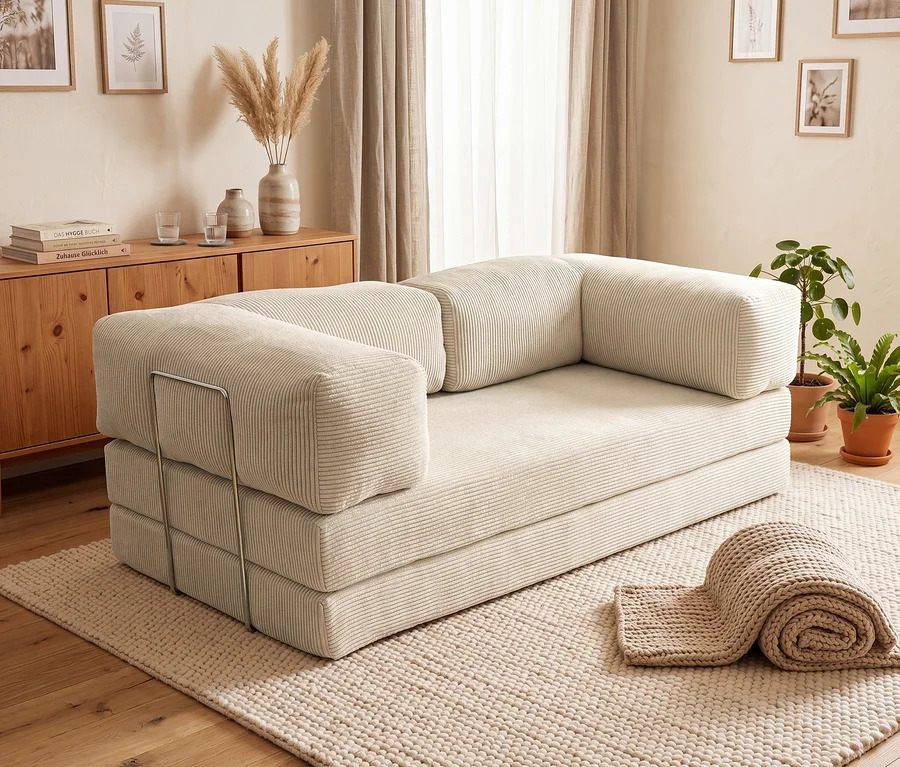 Ein hellbeiges Modulsofa mit Cordstruktur und Armlehnenstützen aus Metall steht auf einem strukturierten Teppich in einem gemütlichen Wohnzimmer. Dahinter befindet sich ein Holzsideboard mit Büchern, Gläsern und Pampasgras. Topfpflanzen stehen auf dem Holzboden, gerahmte botanische Drucke hängen an der Wand neben einem Fenster mit hellen Vorhängen. Eine zusammengerollte Strickdecke liegt auf dem Teppich.