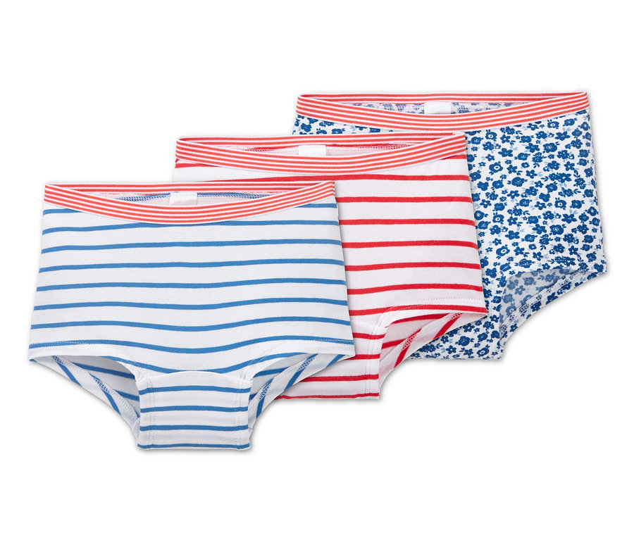 Drei Pantys: blau-weiß gestreift, rot-weiß gestreift und blau mit Blumenmuster.