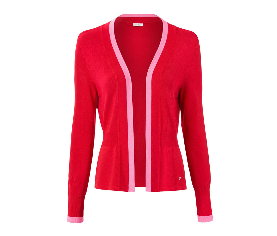 Rote offene Feinstrickjacke mit rosa Saum.