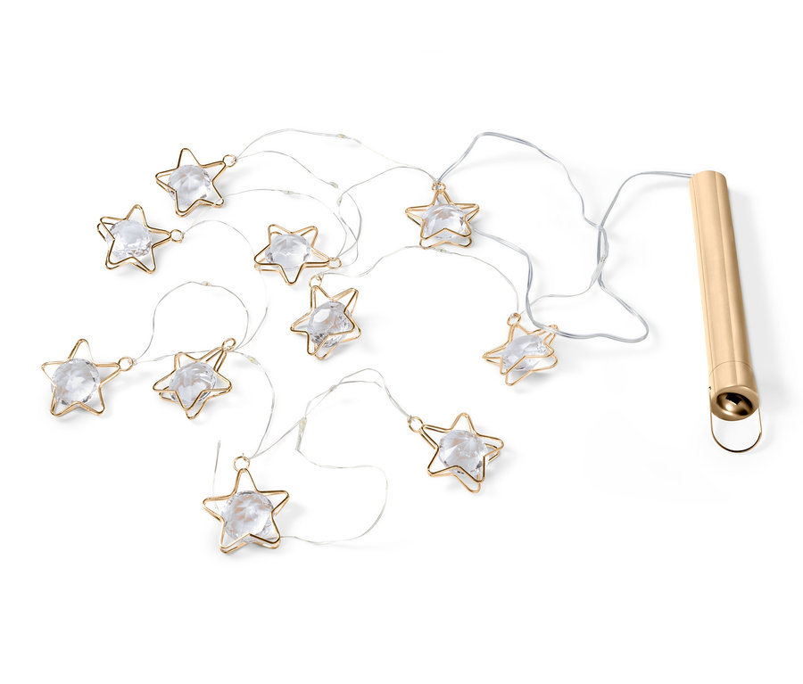 LED-Lichterkette mit Sternen, goldenem Drahtrahmen und klarem Kristall.