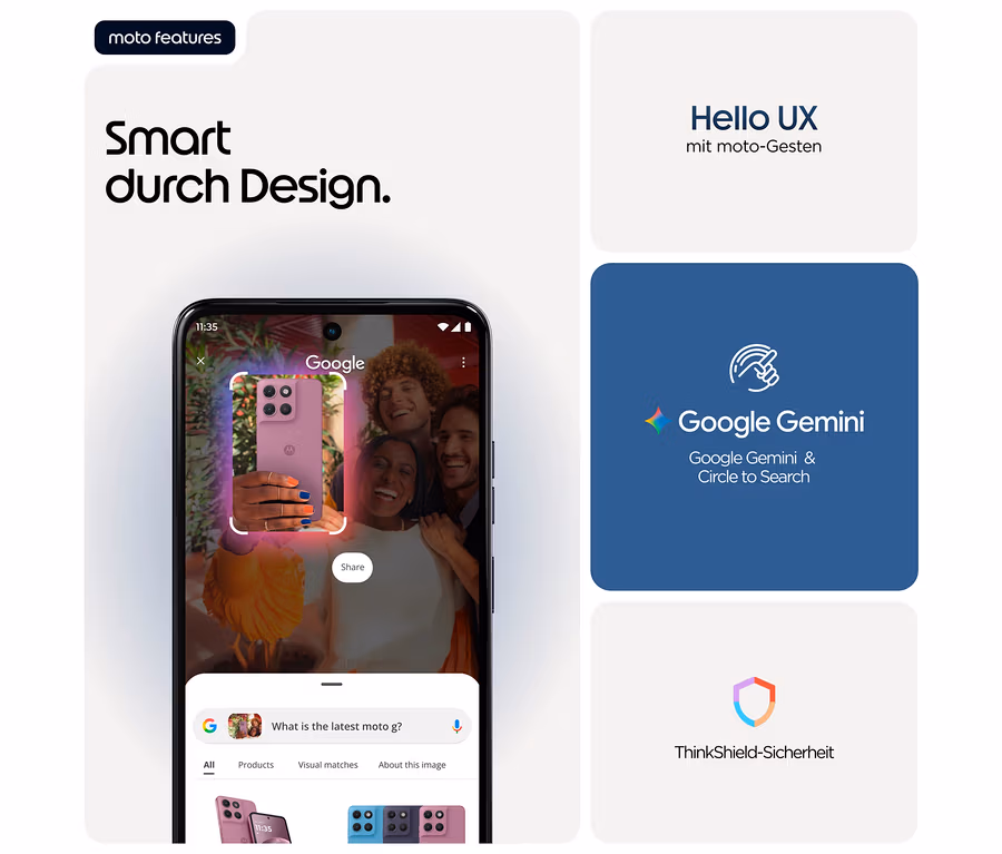 Auf einem Smartphone wird mit Google Lens nach einem Motorola moto g17 LTE in Evening Blue gesucht.