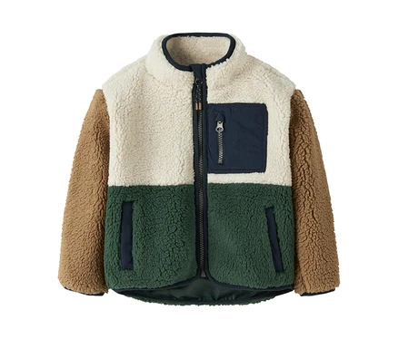 Mehrfarbige Fleecejacke in Creme, Dunkelgrün und Braun mit durchgehendem Reißverschluss und Brusttasche.