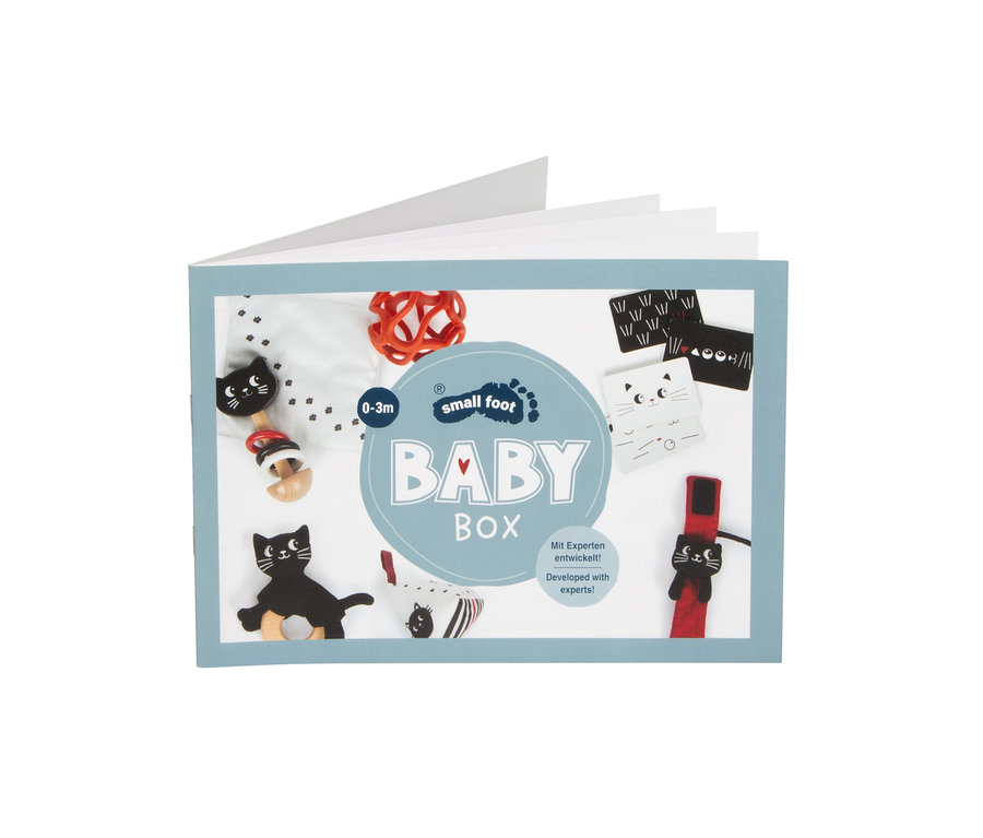 Offene Babybox mit verschiedenen Spielzeugen: eine schwarze Katzenrassel, ein orangefarbener Ball, zwei Katzenkarten, ein schwarzer Katzenbeißring und ein rotes Armband mit schwarzer Katze.