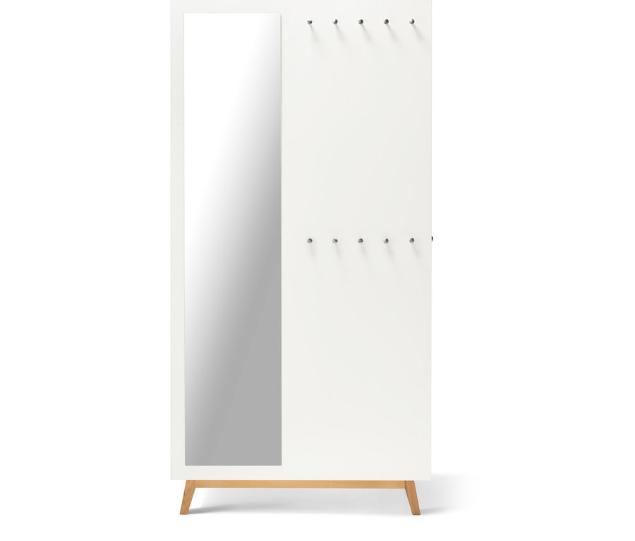 Weißer multifunktionaler Flurschrank mit Spiegel und Haken.
