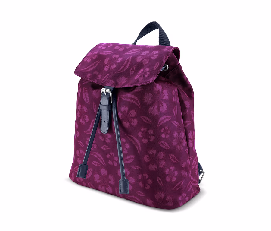 Nahaufnahme eines lilafarbenen Sicherheits-Rucksacks mit Blumenmuster.