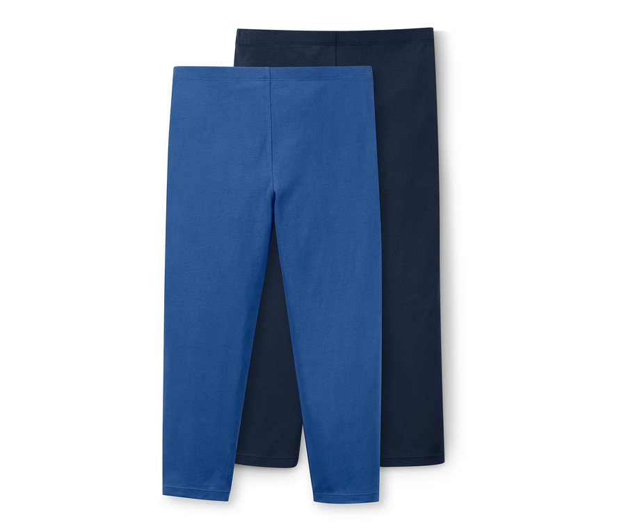 Zwei Leggings, eine blaue und eine dunkelblaue.