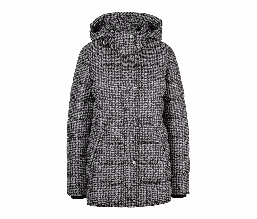 Outdoorjacke mit Kapuze im Hahnentrittmuster.