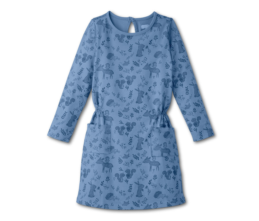 Blaues Jerseykleid mit Waldtiermuster.