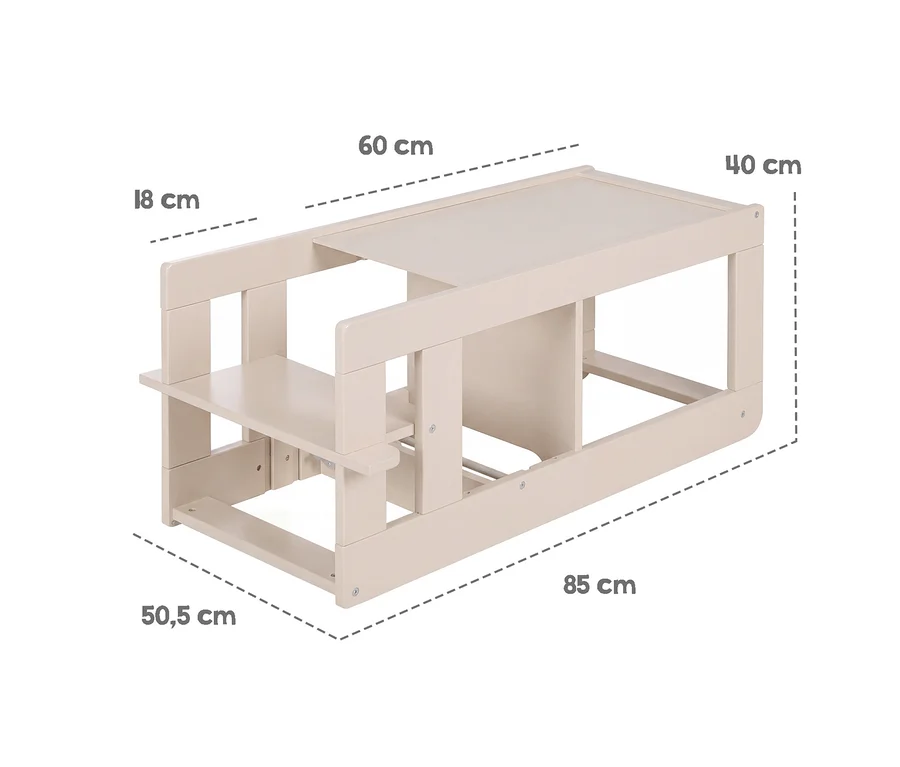 Helles Holzmöbel für Kinder, das als Lernturm oder Tisch genutzt werden kann. Es ist 85 cm lang, 50,5 cm breit und 40 cm hoch. Die obere Plattform ist 60 cm lang, die Seitenbegrenzung 18 cm hoch.