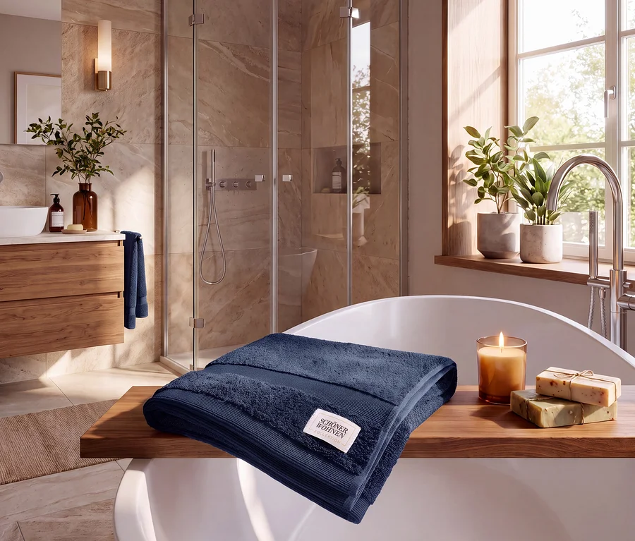 Ein modernes Badezimmer mit einer weissen Badewanne im Vordergrund. Ein blaues Badetuch der SCHÖNER WOHNEN-Kollektion «Cuddly» liegt gefaltet auf einem Holzbrett über der Wanne, daneben eine brennende Kerze und zwei Seifenstücke. Ein weiteres blaues Handtuch hängt an einem Holzwaschtisch mit Waschbecken und Pflanzen links. Eine Glasdusche und ein Fenster mit Topfpflanzen sind im Hintergrund.