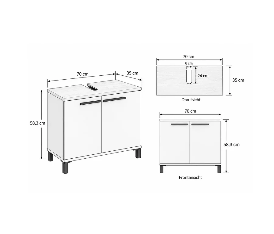 Weißer Waschbeckenunterschrank »Ston« mit heller Holzplatte, zwei Türen und dunklen Griffen, 70 cm breit, 35 cm tief und 58,3 cm hoch. Eine Draufsicht zeigt einen U-förmigen Ausschnitt (6x24 cm) für ein Waschbecken.