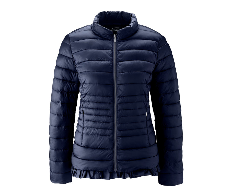 Marineblaue Steppjacke mit Zierrüsche am Saum.