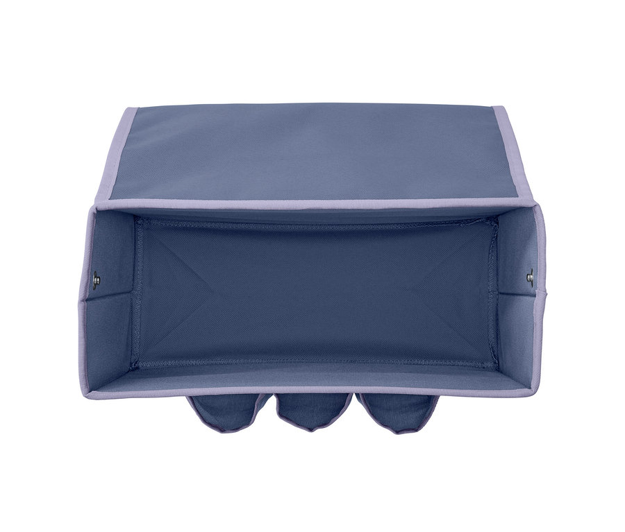 Draufsicht auf eine blaue Bett-Ablagebox mit lila Rand.