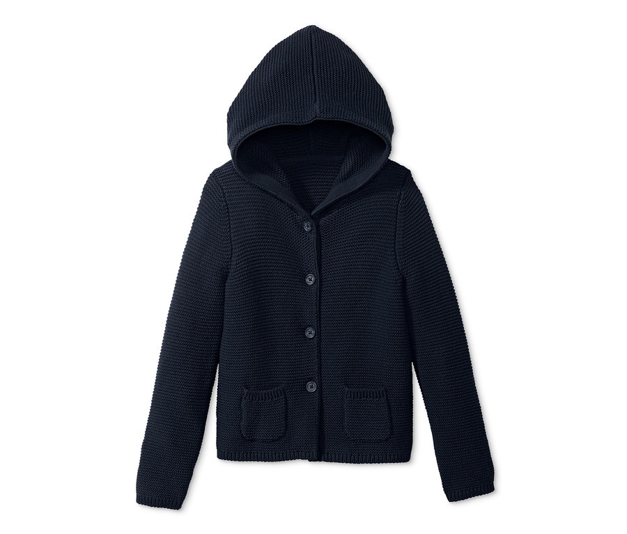 Dunkelblaue Strickjacke mit Kapuze und Knöpfen.