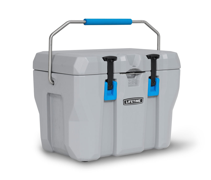 Graue Lifetime-Kühlbox »Premium«, ca. 26,5 l mit blauen Akzenten auf weißem Hintergrund.