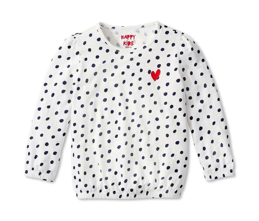 Weißes Langarmshirt mit dunkelblauem Punktmuster.