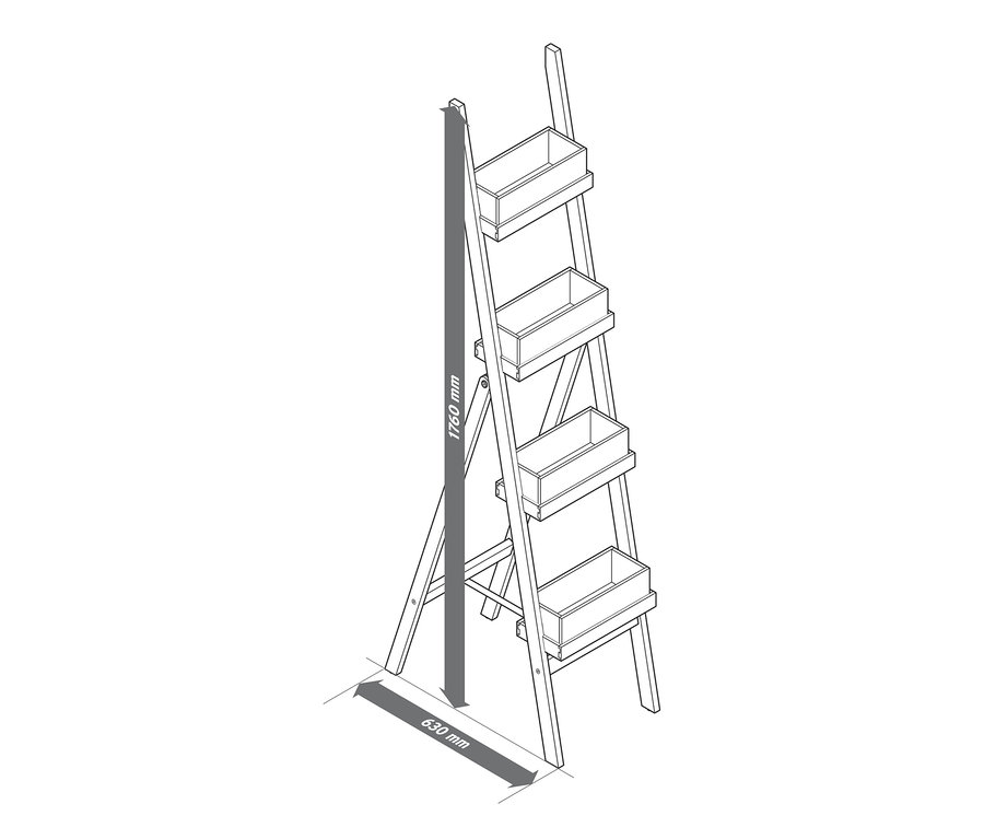 Skizze einer Pflanzleiter mit vier Ebenen und den Maßen 1760 mm Höhe und 630 mm Breite.