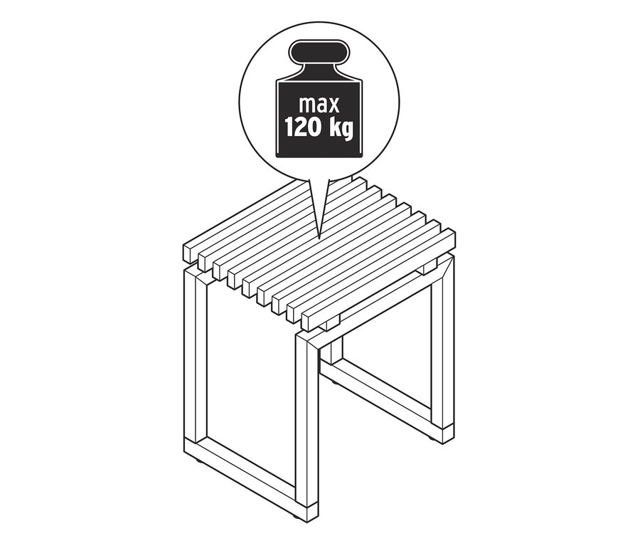 Illustration eines Holzhockers mit maximaler Belastbarkeit 120 kg.