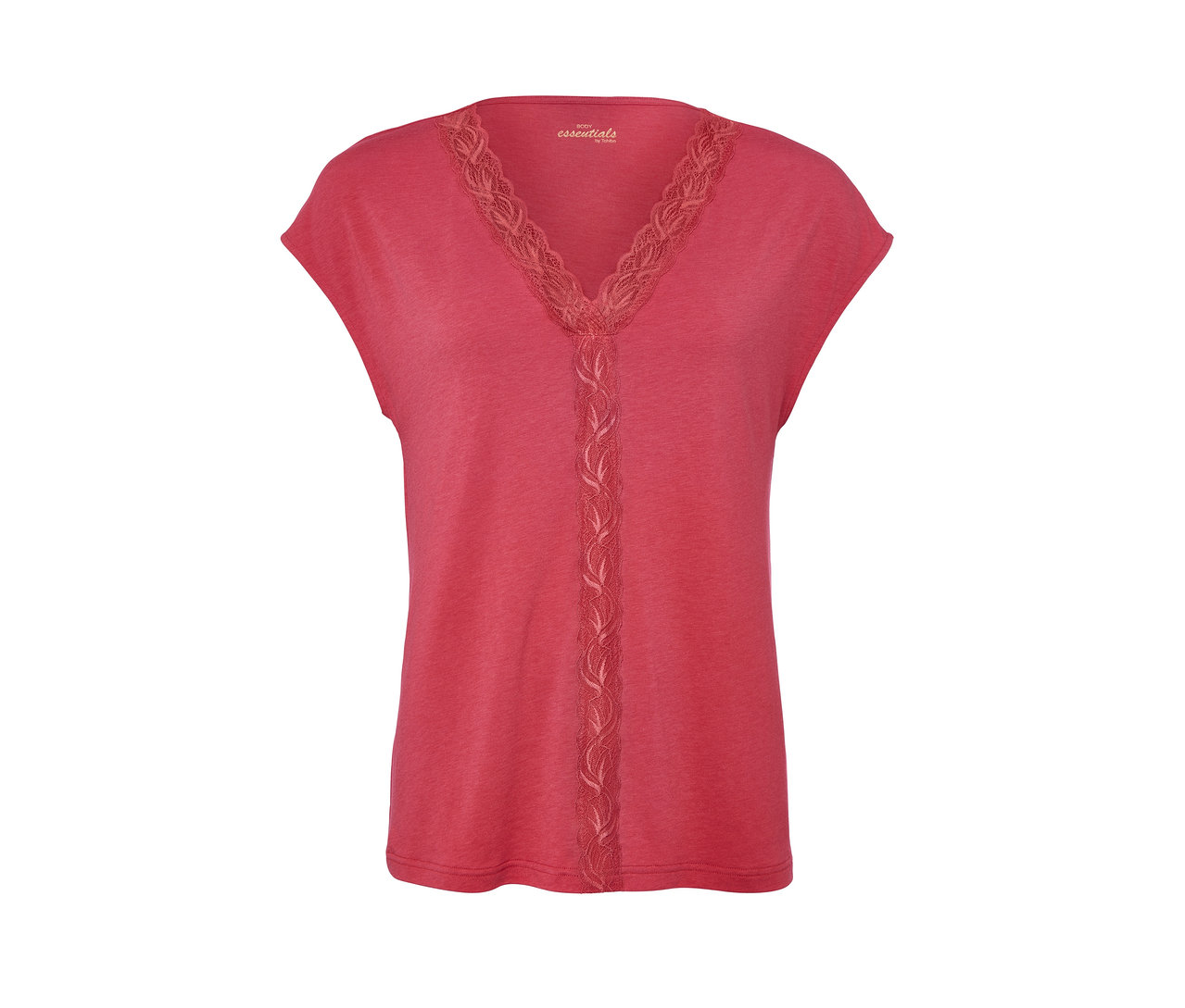 Ein rosafarbenes Pyjama-Top mit Spitze am V-Ausschnitt und in der Mitte.