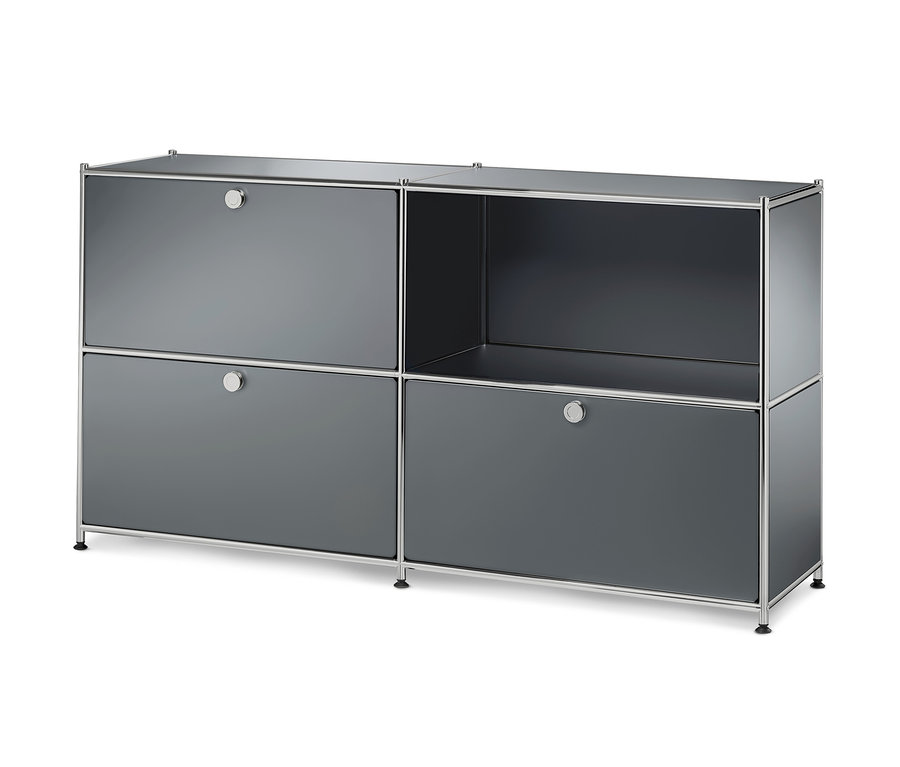 Graues Sideboard mit vier Metall-Ergänzungsklappen-Sets.