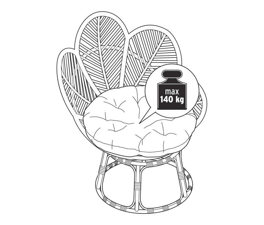 Schwarz-weiße Illustration eines Drehsessels »Flower« mit rundem Sitzkissen und maximaler Traglast von 140 kg.