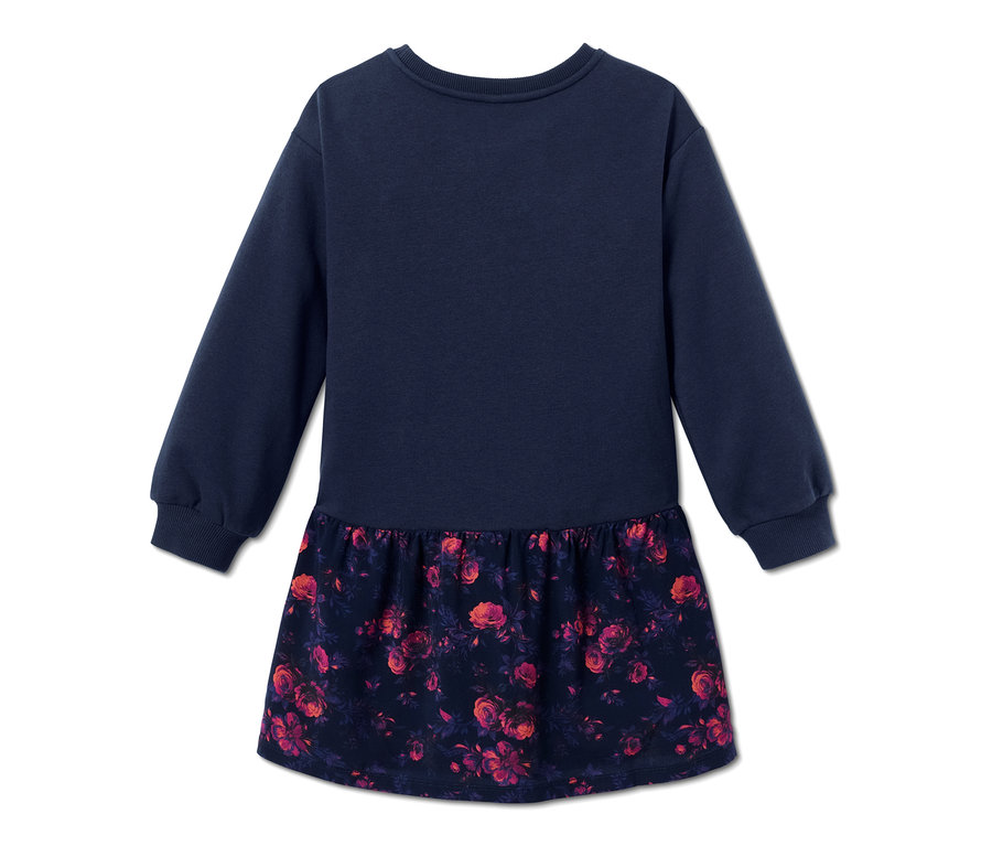 Marineblaues Sweatkleid mit Blumenmuster am Rockteil.